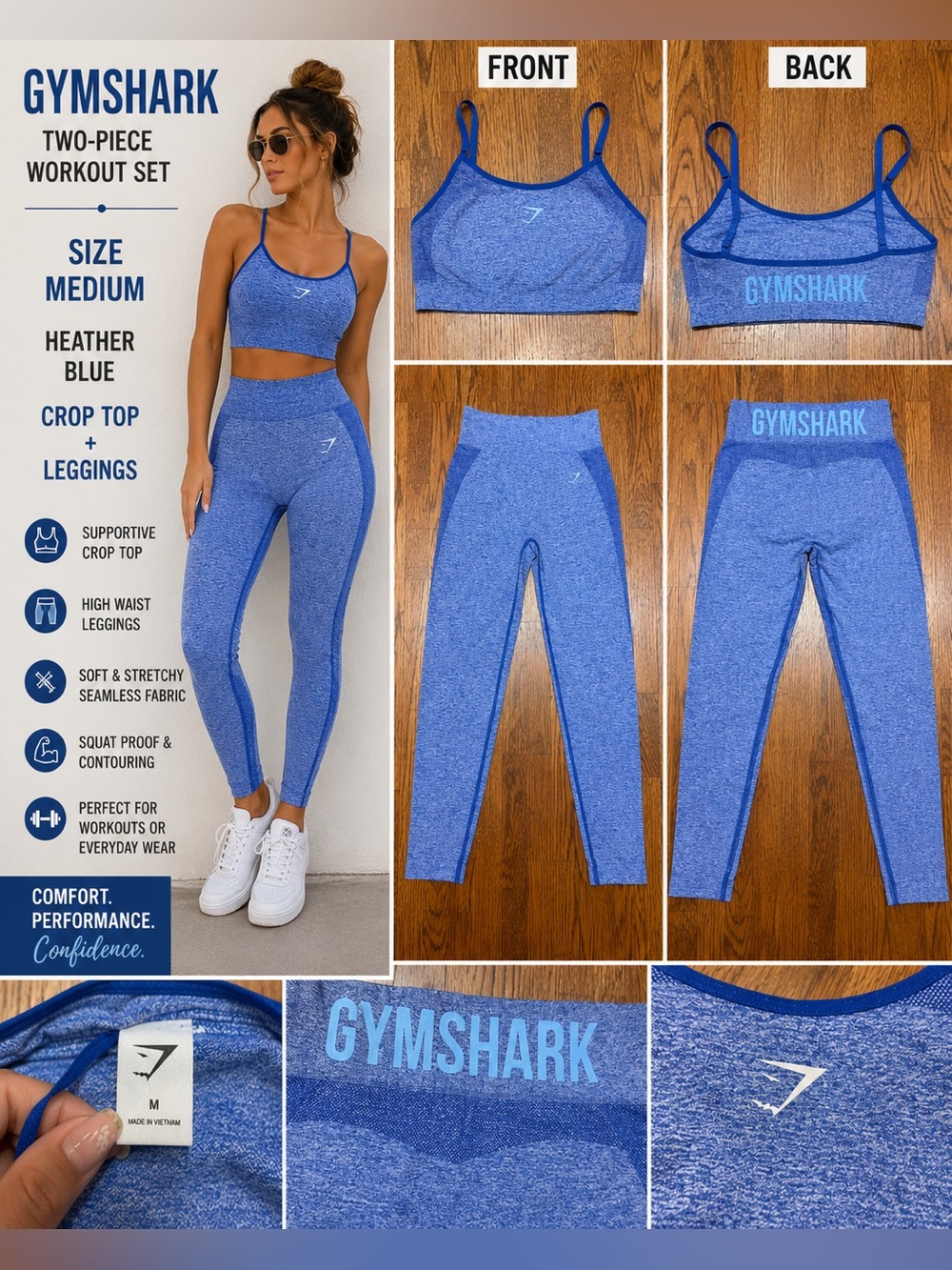 Gymshark Seamless Blue Marl Two-Piece Workout Set Sports Bra & Leggings Medium - Picture 1 of 9